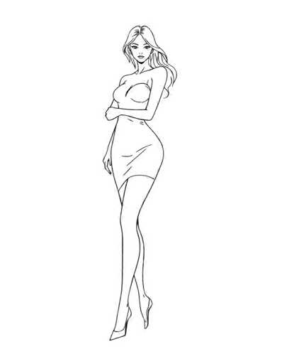 A black and white line drawing depicting a woman with long blonde hair wearing a strapless dress and high heels. The woman is standing on one leg with her arms crossed over her chest, facing the viewer directly.