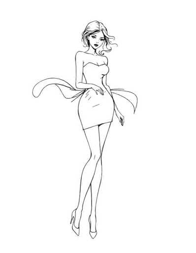 A black and white line drawing depicting a woman with long hair wearing a strapless dress and high heels. The woman is standing on one leg with her arms crossed over her chest, facing the viewer directly.