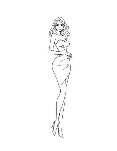 A black and white line drawing depicting a woman with long hair wearing a dress and heels. The woman is standing against a gray background, facing the viewer directly.