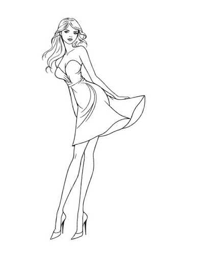 A black and white line drawing depicting a woman with long hair wearing a dress and high heels. The woman is standing on one leg with her arms outstretched, creating an impression of movement or grace.