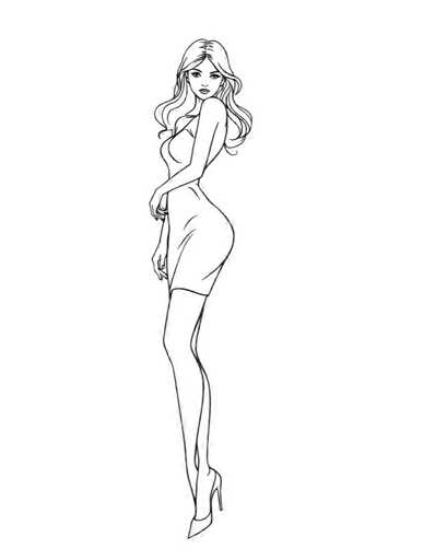 A black and white line drawing depicting a woman with long hair wearing a short dress and high heels.