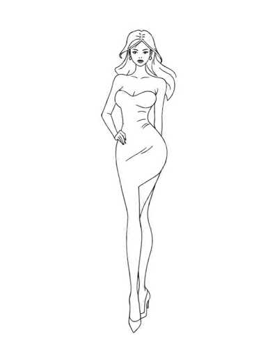 A black and white line drawing depicting a woman with long hair wearing a strapless dress and high heels. The woman is standing against a plain gray background, facing the viewer directly.