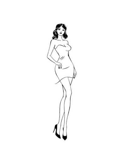 A black and white line drawing depicting a woman standing with her left hand on her hip and her right hand resting on her thigh. The woman is wearing a strapless dress that falls to her knees, and she has high heels on.