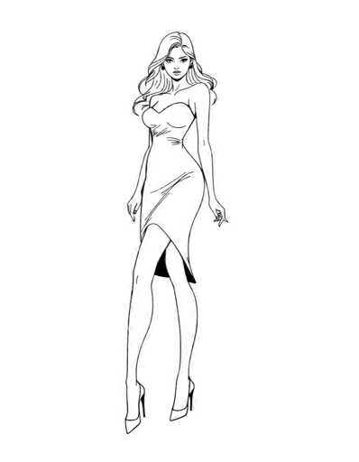A black and white line drawing depicting a woman wearing a strapless dress with a low neckline and long sleeves. The woman is standing on one leg with her arms resting at her sides, facing to the right side of the image.