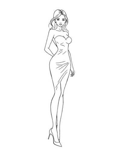 A black and white line drawing depicting a woman with long blonde hair wearing a strapless dress and high heels. The woman is standing against a plain gray background, facing the viewer directly.
