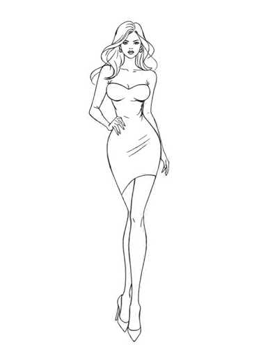 A black and white line drawing depicting a woman with long hair wearing a strapless dress and high heels. The woman is standing against a plain gray background, facing the viewer directly.