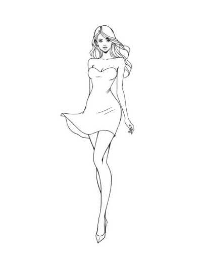 A black and white line drawing depicting a woman with long hair wearing a strapless dress and high heels. The woman is standing on one leg with her arms crossed over her chest, facing to the right side of the image.