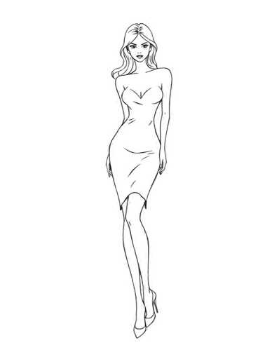 A black and white line drawing depicting a woman with long blonde hair wearing a strapless dress and high heels.