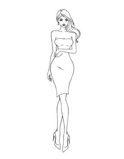 A black and white line drawing depicting a woman with long blonde hair wearing a strapless dress and high heels. The woman is standing against a gray background, facing the viewer directly.