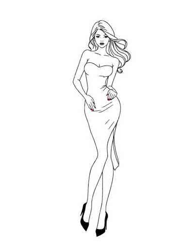 A black and white line drawing depicting a woman with long blonde hair wearing a strapless dress and high heels. The woman is standing against a gray background, facing the viewer directly.