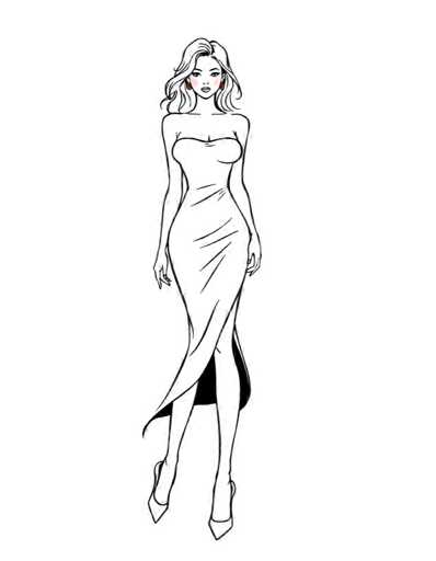 A black and white line drawing depicting a woman wearing a strapless dress with a split skirt on the lower half of her body. The woman is standing upright with her left hand resting on her hip and her right hand lightly touching her thigh. She has long hair styled in loose waves, and she wears high heels that are pointed upwards.