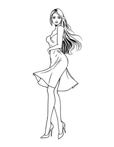 A black and white line drawing depicting a woman with long hair wearing a dress and high heels against a plain background.
