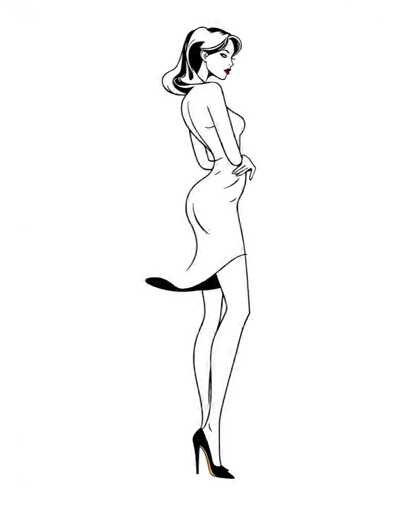 A black and white line drawing depicting a woman with long hair wearing a dress and high heels standing against a plain gray wall.