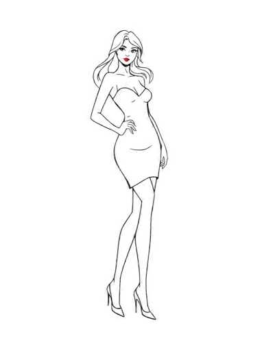 A black and white line drawing depicting a woman with blonde hair wearing a strapless dress and high heels standing against a plain gray background.