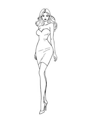 A black and white line drawing depicting a woman with long blonde hair wearing a strapless dress and high heels. The woman is standing against a plain gray background, facing towards the right side of the image.