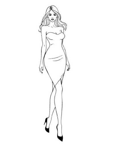 A black and white line drawing depicting a woman with long blonde hair wearing a strapless dress and high heels. The woman is standing on the left side of the image against a plain gray background.