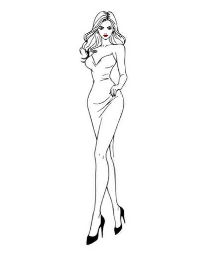A black and white line drawing depicting a woman with long blonde hair wearing a strapless dress and high heels. The woman is standing against a plain gray background, facing the viewer directly.