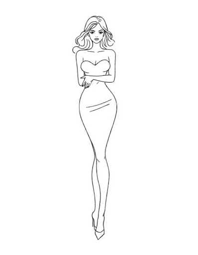 A black and white line drawing depicting a woman with long hair wearing a strapless dress and high heels. The woman is standing against a plain gray background, facing the viewer directly with her arms crossed in front of her.