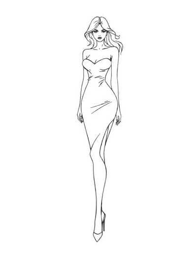 A black and white line drawing depicting a woman with blonde hair wearing a strapless dress with a high slit on the left side of her body. The woman is standing against a plain gray background, facing to the right.