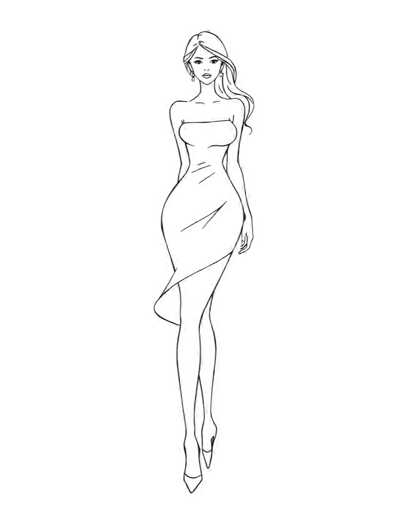 A black and white line drawing depicting a woman with long blonde hair wearing a strapless dress and high heels. The woman is walking towards the right side of the image against a plain gray background.