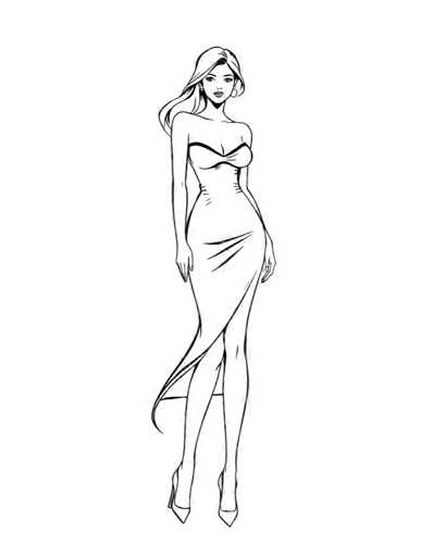 A black and white line drawing depicting a woman wearing a strapless dress with a high slit on the side of her skirt. The woman is standing upright with her left hand resting on her hip and her right hand lightly touching her thigh.