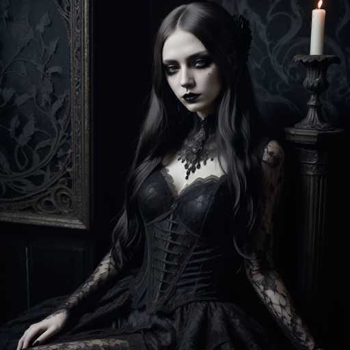 A woman with long dark hair is seated on a chair in front of a mirror. She is wearing a black dress and has a large nose ring. The room around her is dark, with a candle burning on the right side of the image.