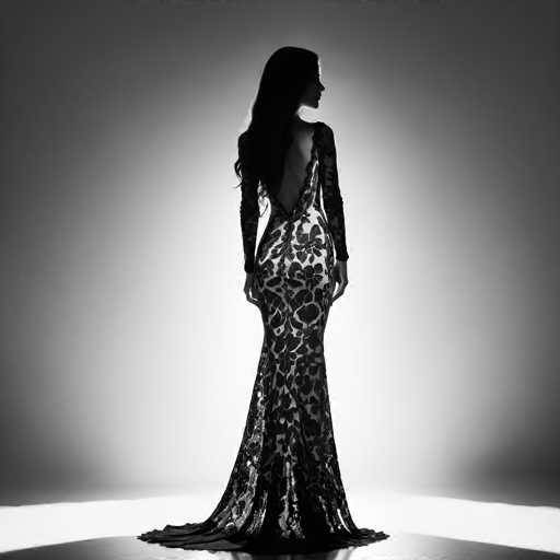 A woman is captured in a striking black and white photograph against a plain gray background. She stands confidently with her back turned towards the camera, wearing an elegant long dress that falls to just below her knees. The simplicity of the background allows the viewer's attention to be solely on the woman and her attire.