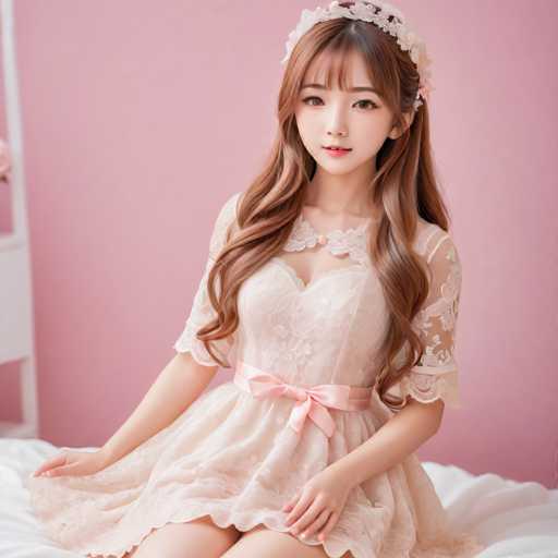A young woman with long brown hair is seated on a bed wearing a white lace dress and a pink headband. The background features a pink wall with a white shelf against it.