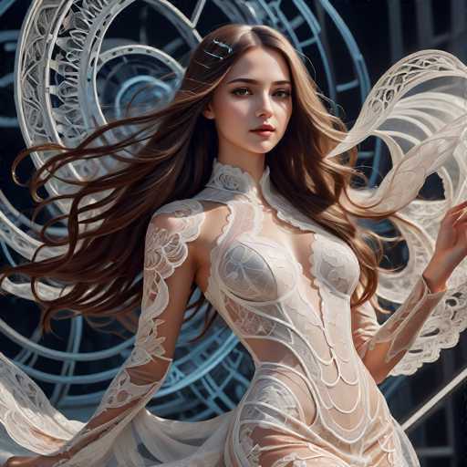 A woman with long brown hair is the central figure in this image. She is wearing a white dress that features lace detailing and has her arms outstretched as she stands against a black background adorned with intricate blue designs. The woman's gaze is directed straight at the camera, creating an engaging visual connection between herself and the viewer.