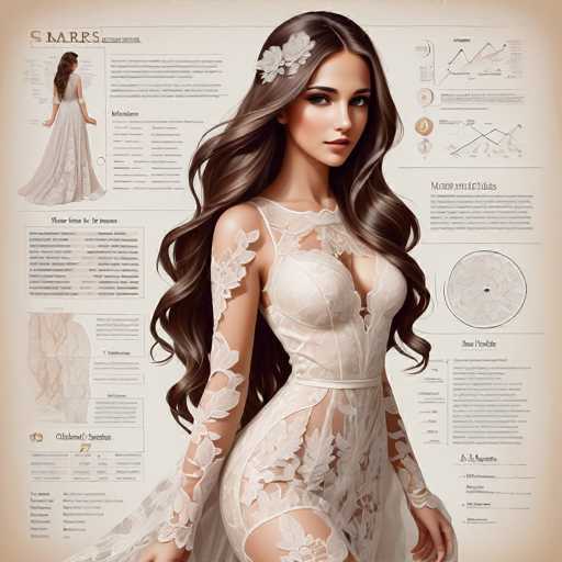 The image shows a woman with long brown hair wearing a white lace dress and a flower in her hair. The background is a light beige color that contrasts with the dark blue text on the poster. The poster contains information about the bride's dress, including its design, material, and price.