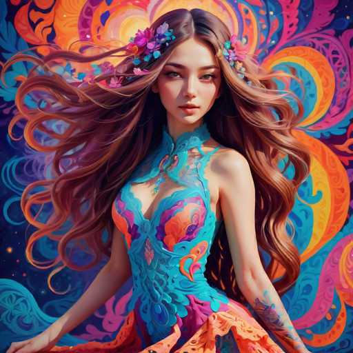 A young woman with long brown hair is the central figure in this digital illustration. She is wearing a blue dress adorned with orange and pink flowers on her head. The background features a vibrant display of colors and patterns that blend together to create an abstract design reminiscent of a galaxy or nebula.