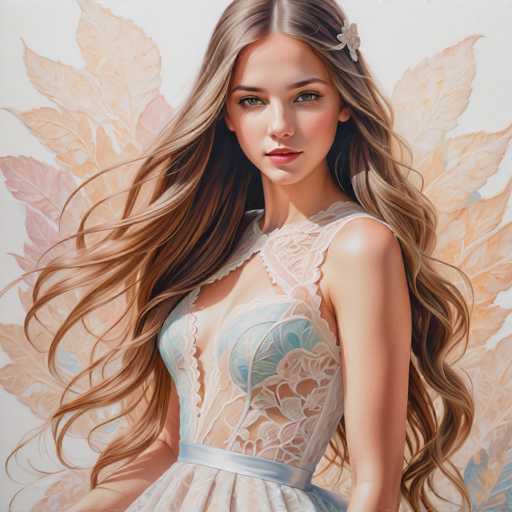 The image depicts a young woman with long brown hair wearing a white lace dress and a silver headband. The background features an abstract pattern of orange and pink leaves against a white background.