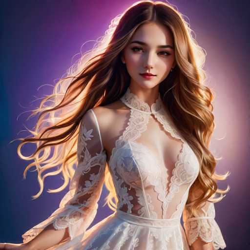 A young woman with long brown hair is the central figure in this image. She is wearing a white dress that features lace detailing and has a high neckline. The background of the image is a gradient of purple and blue colors, which creates a soft and dreamy atmosphere around her.