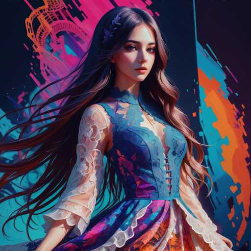 A woman with long brown hair is standing against a black background adorned with colorful abstract shapes and lines. She is wearing a blue dress with white lace sleeves and a floral pattern on the skirt. The colors of her dress are predominantly blue, pink, orange, and yellow.