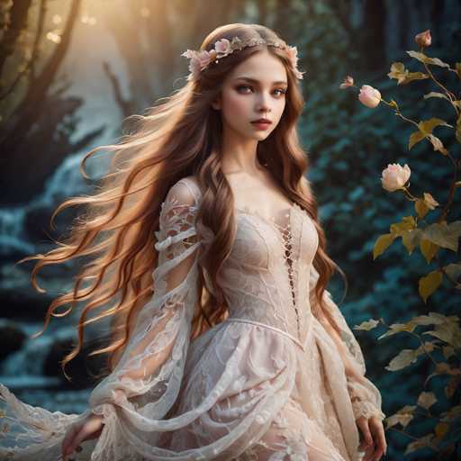 A young woman with long brown hair is the central figure in this image. She is wearing a white dress adorned with lace and flowers on her head. The background features trees and bushes, creating an impression of being in a forest or natural setting.