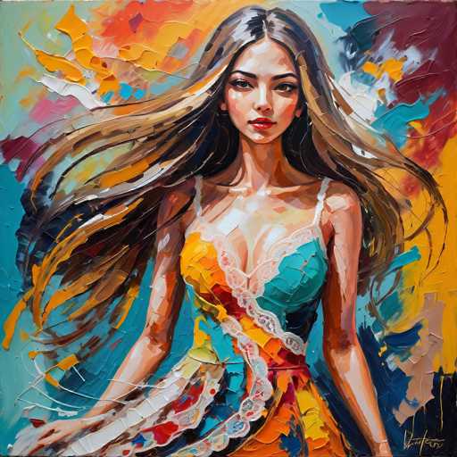 The image depicts a woman with long brown hair wearing an orange dress and blue top. The background is a vibrant mix of colors including yellow, green, pink, and white. The painting style is loose and abstract, with the use of bright colors and bold brushstrokes creating a sense of movement and energy in the scene.