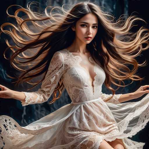 A woman with long brown hair is captured mid-twirl on a dance floor, wearing a white lace dress that flows around her as she moves. The background features a dark blue color and a blurred image of another person in the distance.