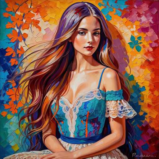 The image depicts a woman with long, flowing hair wearing a blue dress and white lace sleeves. She is positioned against a vibrant background of orange, yellow, and pink hues, which appears to be a mosaic or abstract painting style. The colors used in the painting are predominantly warm tones, creating an atmosphere of warmth and vibrancy.