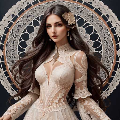 A woman with long brown hair is the central figure in this image. She is wearing a white dress that features lace detailing and has a flower pinned to her hair. The background of the image is black, which contrasts with the white elements on the woman's dress and highlights her presence.