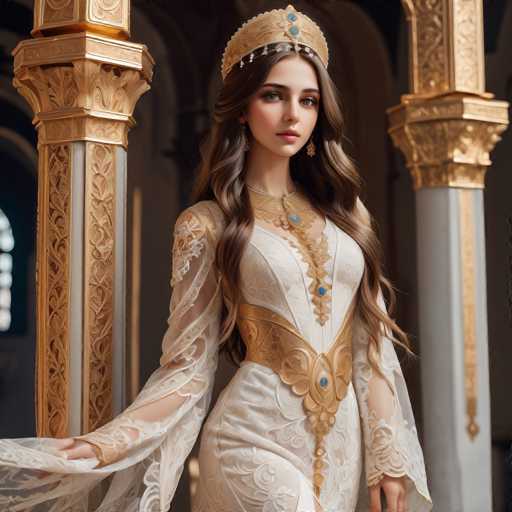 A young woman with long brown hair is standing in front of a white column adorned with gold accents and wearing a golden crown on her head. She is dressed in a white dress with gold accents that reaches down to her feet, and she has a blue gemstone in her hair. The setting appears to be an indoor space with columns and arches, suggesting a grand or ornate architectural style.
