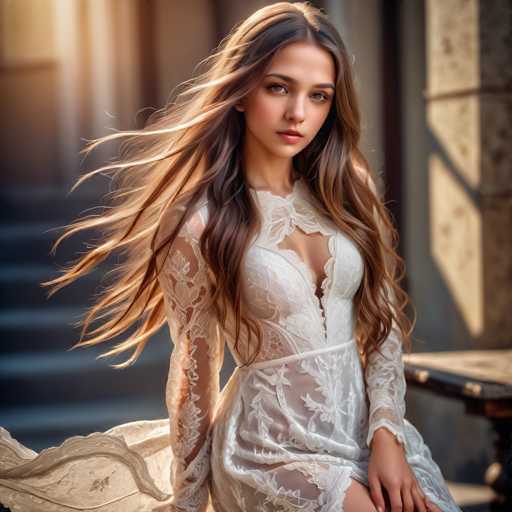 A young woman with long brown hair is captured in a moment of quiet contemplation. She's dressed in a white lace dress that falls just below her knees and has a high neckline. The background features a stone wall and a wooden bench, adding to the rustic charm of the setting.
