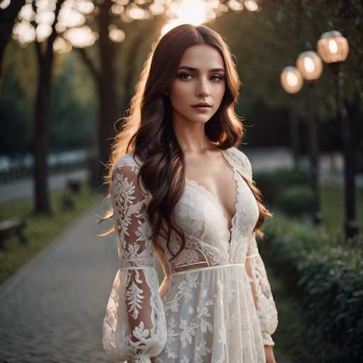 A woman with long brown hair is standing on a brick path in a park, wearing a white lace dress that falls down to her knees and has sleeves. She is looking directly at the camera with an expression of concentration or thoughtfulness. The background features trees and lampposts, creating a serene atmosphere for the scene.