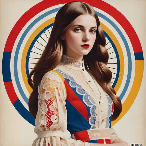 The image features a young woman with long brown hair wearing a white dress adorned with blue and red lace sleeves. She is positioned against a vibrant background that includes circles of different colors - red, yellow, blue, green, and orange. The woman's gaze is directed straight at the camera, creating an engaging visual connection between her and the viewer.