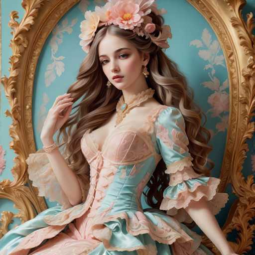 A young woman with long brown hair is seated on a gold-framed chair against a blue floral wall backdrop. She wears a pink and white dress with a lace bodice and skirt, and a flower crown on her head.