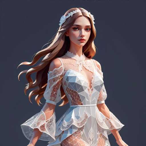A woman with long brown hair is standing against a dark blue background wearing a white dress with lace sleeves and a corseted bodice. She has her arms at her sides and her head tilted slightly to the left.