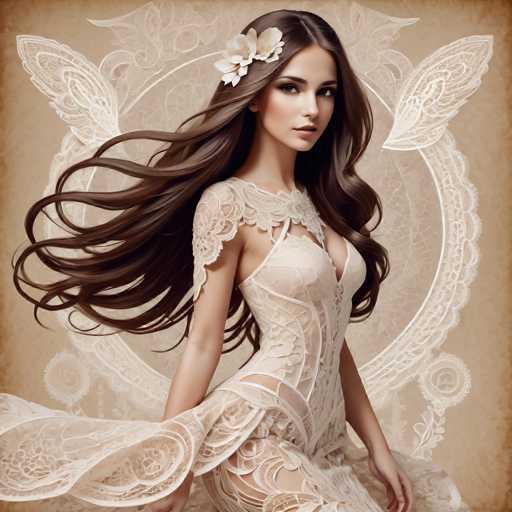 A woman with long brown hair is the central figure in this image. She is wearing a white dress that features lace detailing and has her hair styled in loose waves. The background of the image is a light beige color adorned with intricate white designs.