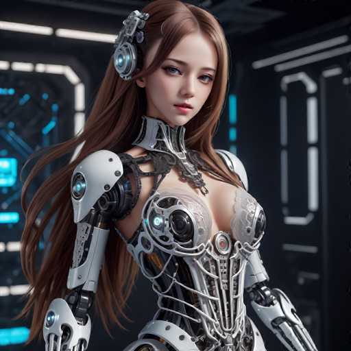 A 3D rendering of a woman with long brown hair wearing a futuristic white and silver bodysuit that features intricate metallic designs on the chest and arms. The woman is standing against a black background with blue neon lights, giving off an industrial or futuristic vibe.