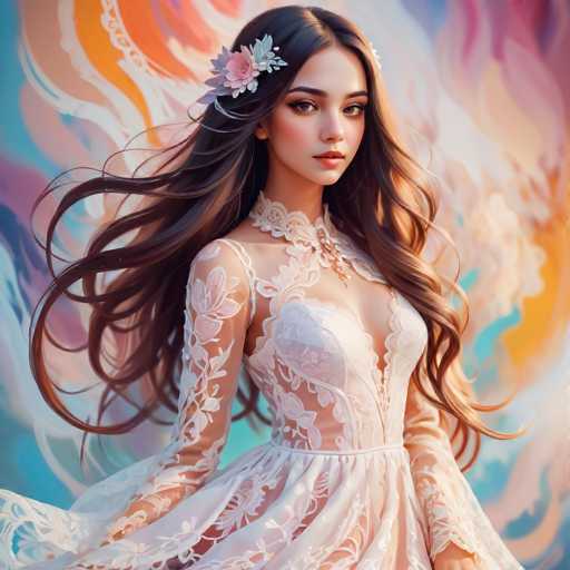 The image depicts a woman with long brown hair wearing a white dress and a flower in her hair. The background features a colorful abstract pattern that is predominantly blue, pink, and orange.