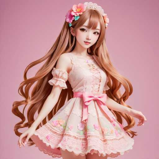 A young girl with long brown hair is standing against a pink background and wearing a white dress adorned with pink flowers on the bodice and lace trimming at the bottom of the skirt. She has her arms outstretched to one side and her head tilted slightly to the left.