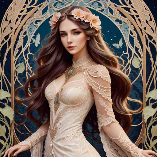 A woman with long brown hair is the central figure in this digital illustration. She is adorned with a white headpiece and a gold necklace that glimmers under the light. The background features an intricate design of leaves and flowers, adding to the overall aesthetic appeal of the image.